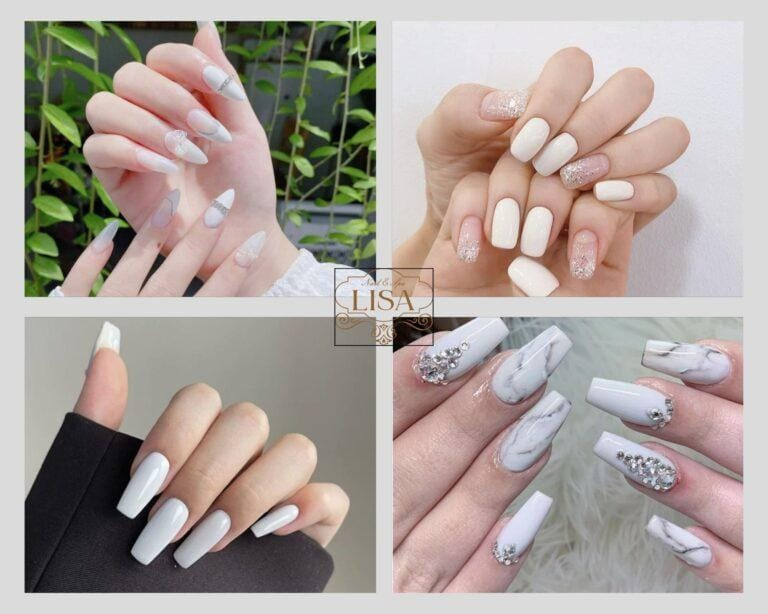 Mẫu nail trắng tinh khôi, họa tiết nhẹ nhàng, cần cân nhắc sử dụng cho người mệnh Mộc