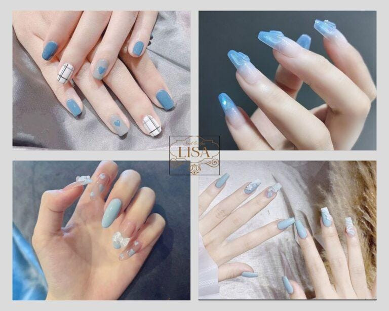 Mẫu nail xanh dương trầm lắng, họa tiết gợn sóng, mang lại trí tuệ và bình yên cho người mệnh Mộc