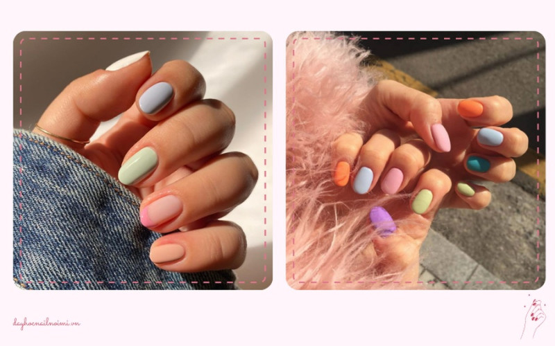 Mẫu nail xanh và hồng pastel được yêu thích