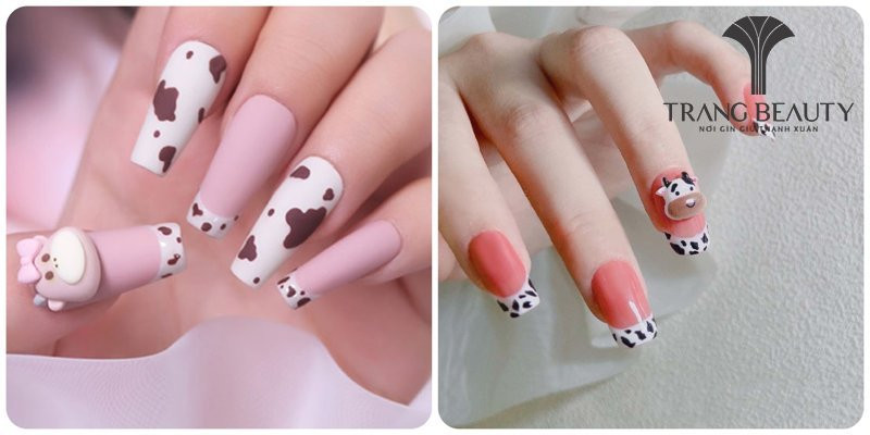 Mẫu sơn đầu móng tay trắng họa tiết sữa bò độc đáo, mang vẻ ngoài ngộ nghĩnh