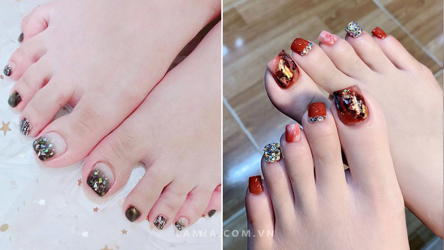 Màu sơn móng chân đẹp 2024 đính đá xà cừ quý phái