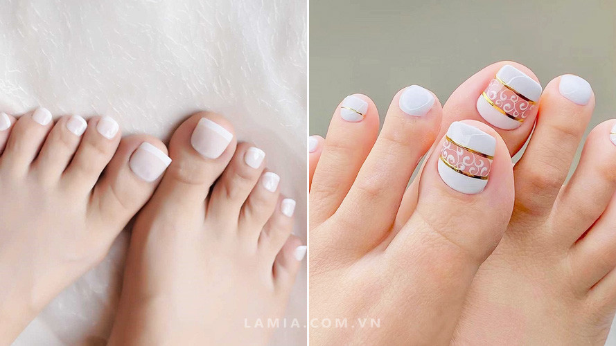 Màu sơn móng chân đẹp 2024 sơn bóng kẻ trắng thanh lịch