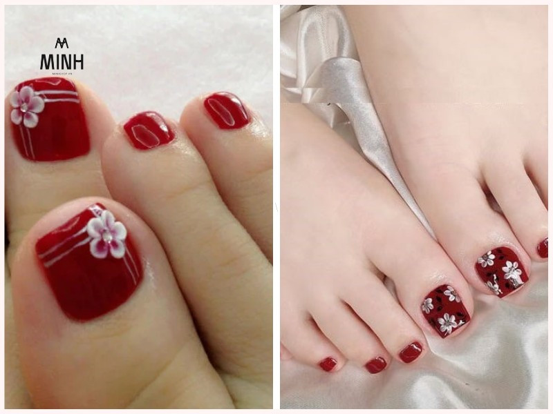 Mẫu sơn móng chân màu đỏ đẹp với họa tiết chủ đề Tết truyền thống