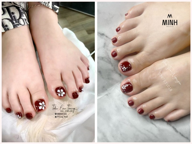 Mẫu sơn móng chân màu đỏ đẹp với họa tiết hoa lá tinh tế