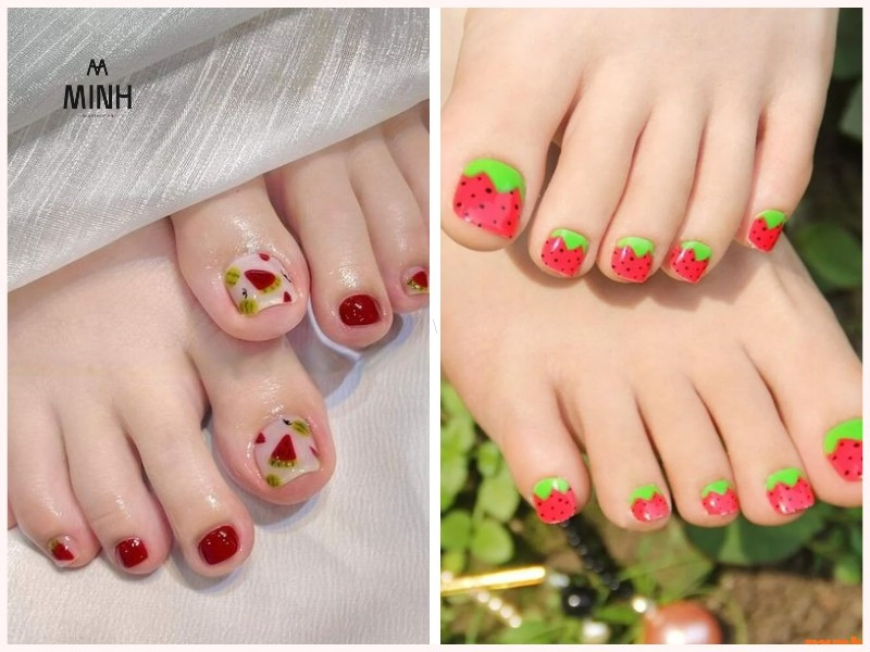 Mẫu sơn móng chân màu đỏ đẹp với họa tiết trái cây tươi mát