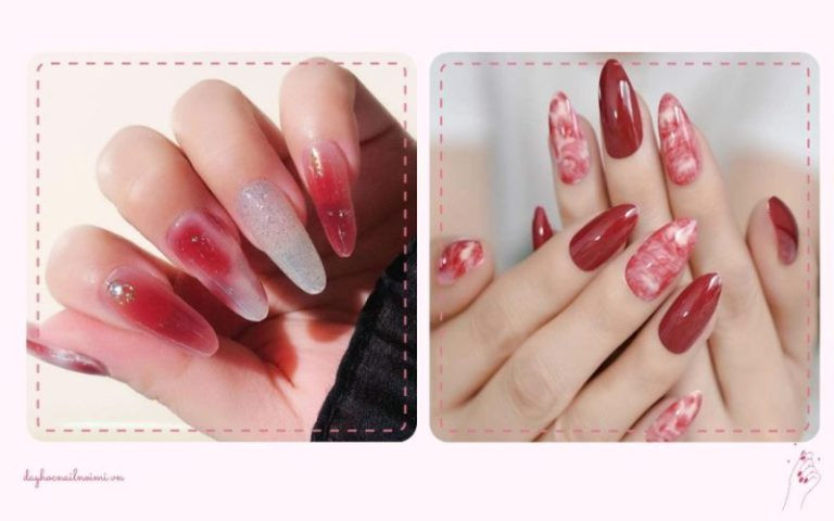 Mẫu sơn móng nghệ thuật màu đỏ thạch cho nàng móng dài