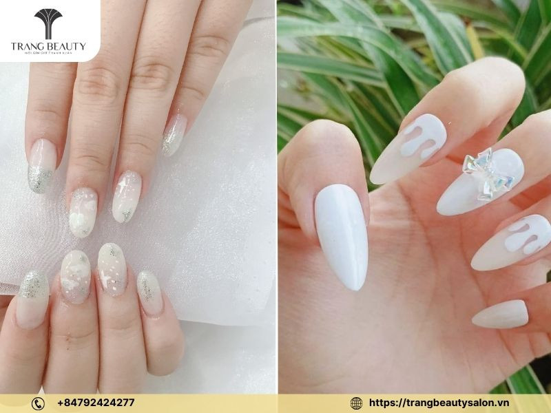 Mẫu sơn móng tay đẹp 2024 màu trắng tinh khôi đính đá lấp lánh