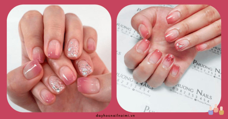 Mẫu sơn móng tay hồng ombre kết hợp sơn nhũ
