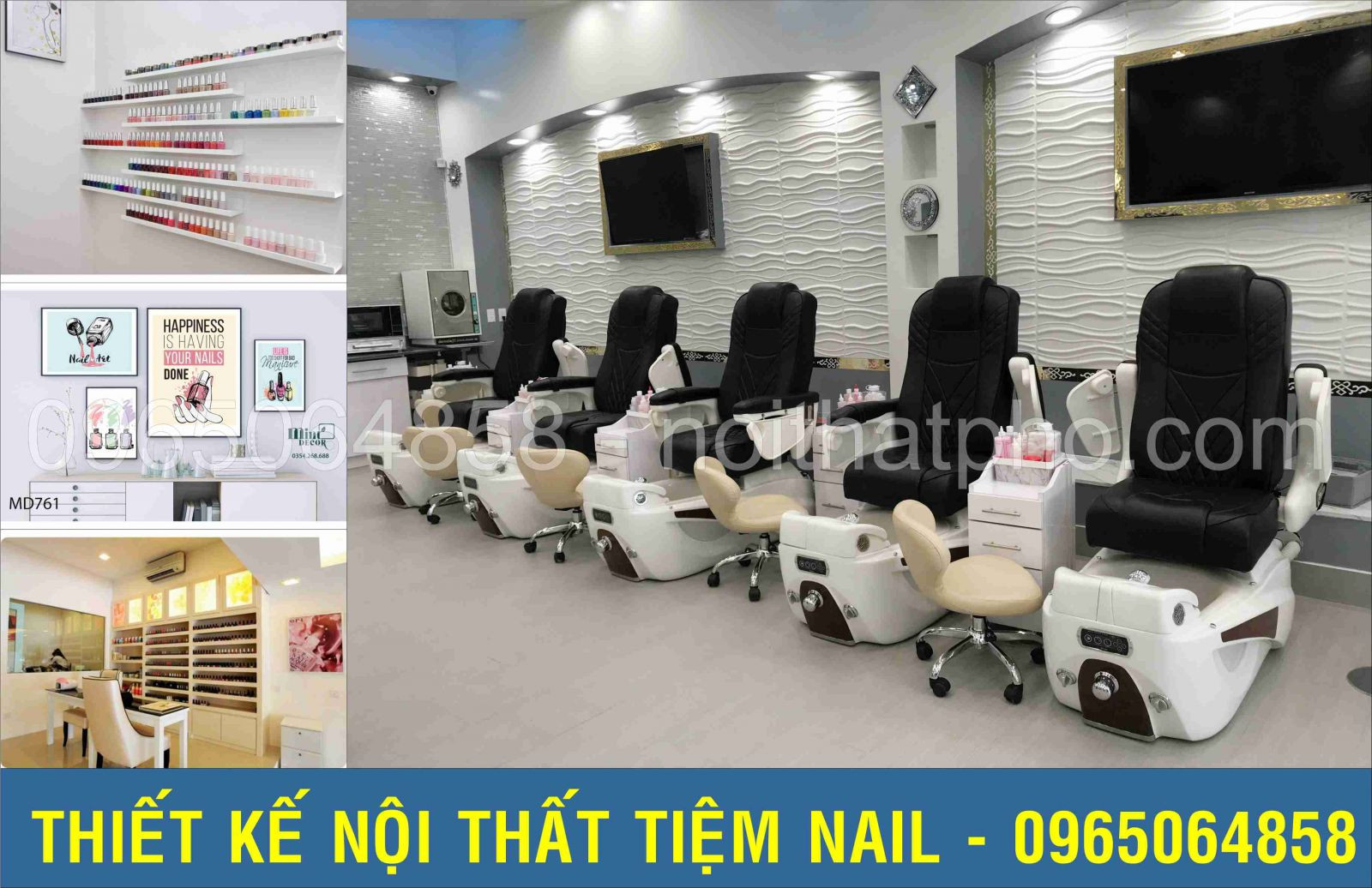 Mẫu thiết kế tiệm nail hiện đại với ghế nail spa cao cấp