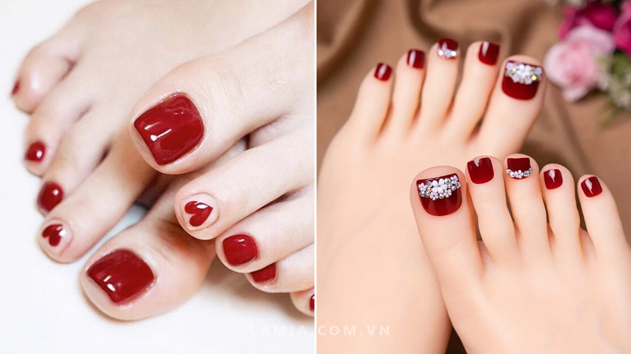 Móng chân đẹp màu đỏ với họa tiết dưa hấu, vừa ấn tượng vừa đáng yêu, tôn da hiệu quả.