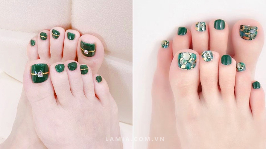 Móng chân đẹp màu xanh ngọc lục bảo ấn tượng, mang phong cách sành điệu và độc đáo.