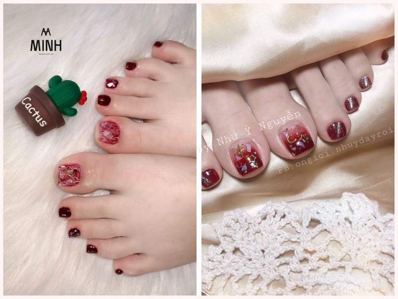 Móng chân đỏ phối kim tuyến lấp lánh