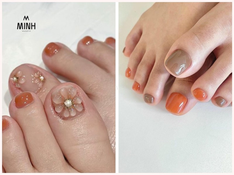 Móng chân màu cam đất ấm áp, tự nhiên, cực kỳ tôn da ngăm và dễ phối đồ