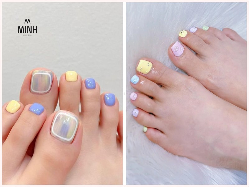 Móng chân màu pastel dịu dàng, tạo vẻ đẹp thanh lịch và trẻ trung cho làn da ngăm
