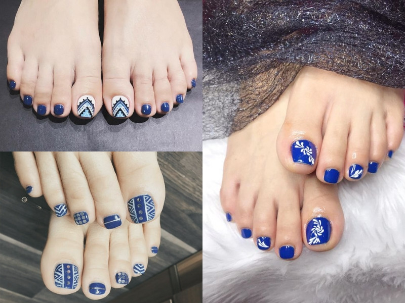 Móng chân màu xanh baby blue dịu dàng cùng hoa văn ren trắng