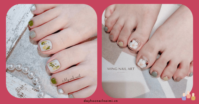 Móng chân màu xanh biển vẽ hoa trẻ trung