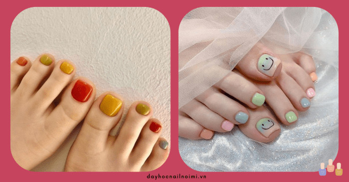 Móng chân màu xanh dương pastel phối cam vàng