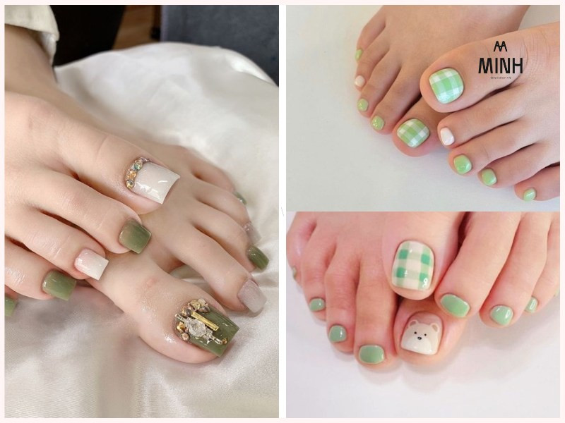 Móng chân màu xanh lá cây tươi mới, mang lại vẻ đẹp tự nhiên và sức sống cho da ngăm