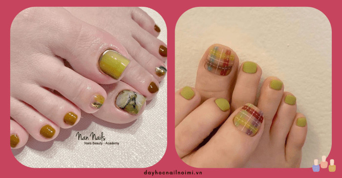 Móng chân màu xanh pastel vân đá và caro nhẹ nhàng