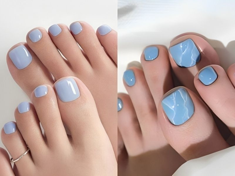 Móng chân xanh baby blue dịu dàng với hoa văn ren trắng