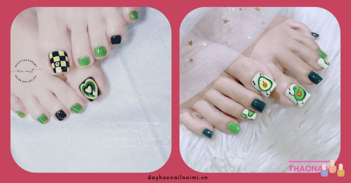 Móng chân xanh dương họa tiết trái bơ
