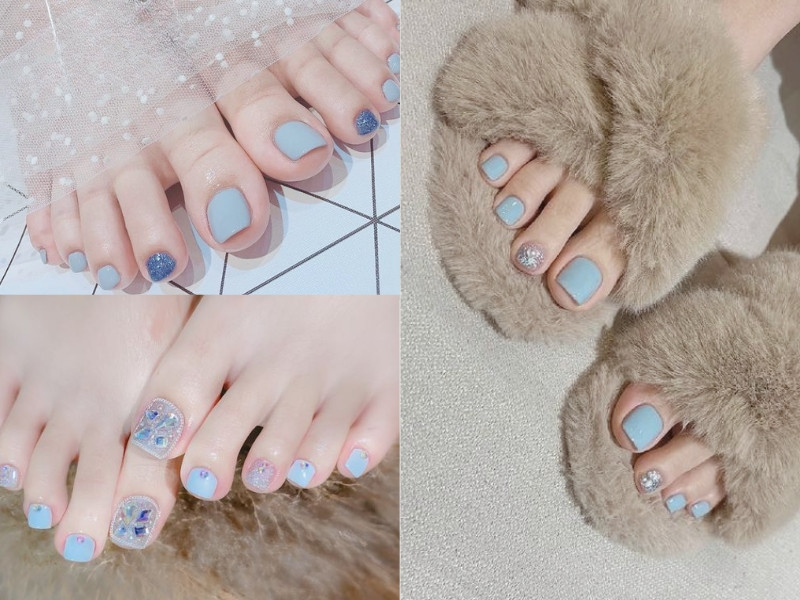 Móng chân xanh dương pastel nhẹ nhàng với họa văn tinh tế