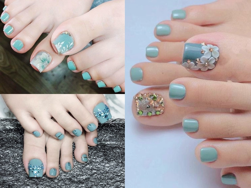 Móng chân xanh ngọc bích lấp lánh với đá quý nhỏ xinh
