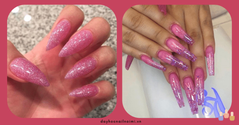 Khám Phá Tuyệt Chiêu Móng Tay Màu Hồng Trắng Đẹp Sang Trọng Móng dài nhọn màu hồng cánh sen có nhũ, tạo điểm nhấn trắng nổi bật