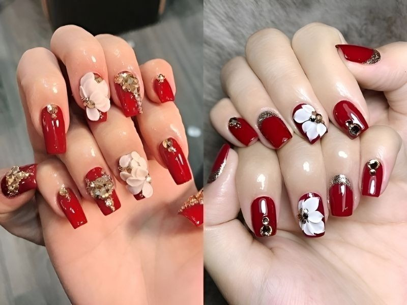 Móng tay đẹp màu đỏ mận với họa tiết hoa nổi độc đáo