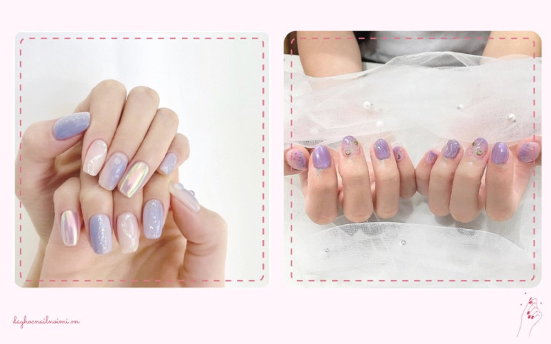 Móng tay đẹp màu tím kết hợp cùng xanh pastel và nhũ