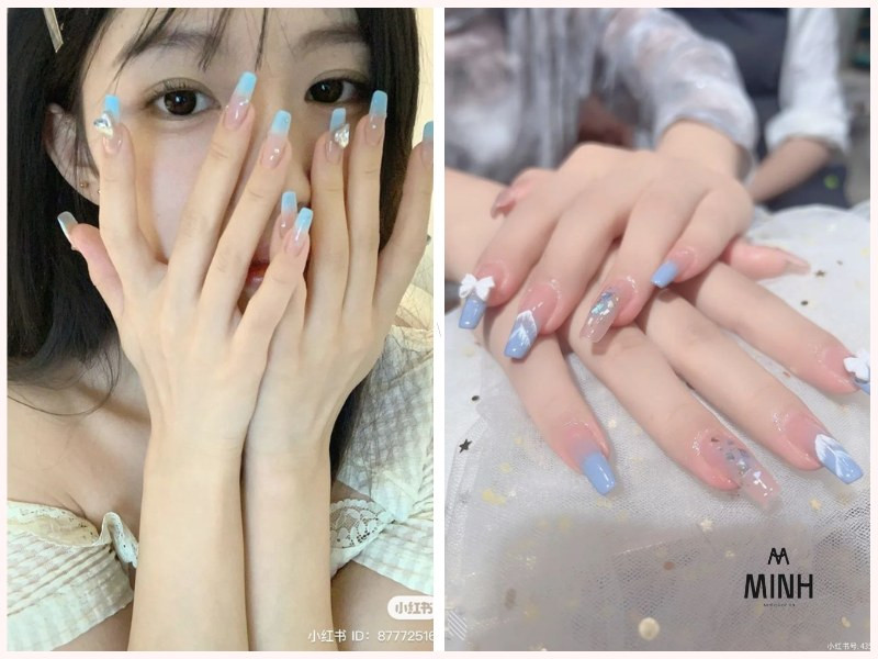 Móng Tay Đẹp Màu Xanh Dương: Tôn Vinh Nét Sang Trọng Và Thanh Lịch Móng tay đẹp màu xanh dương nhạt kết hợp đính hạt cho cô dâu