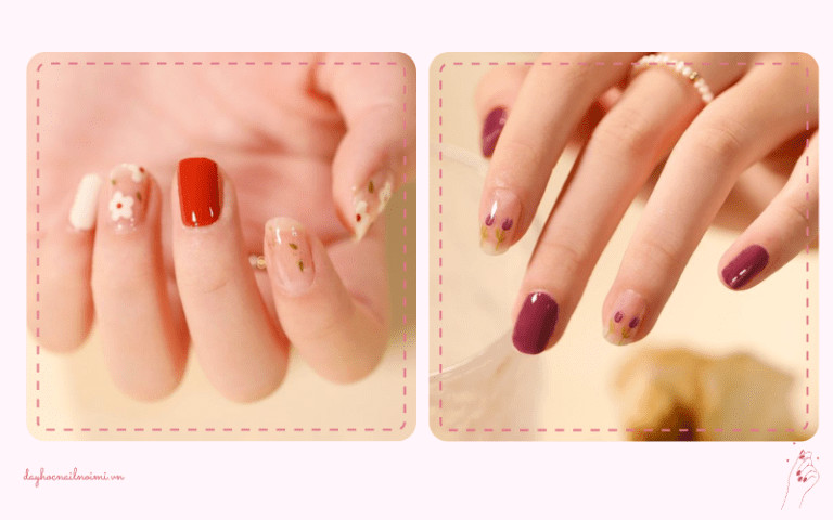 Móng tay đẹp nhất 2025 với họa tiết hoa lá nhỏ nhắn trên nền pastel