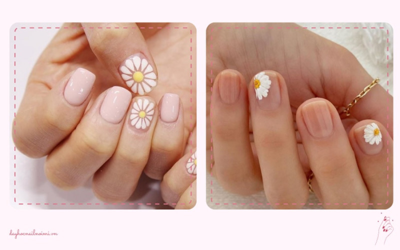 Móng tay đẹp với hoa cúc dại trên nền hồng nude
