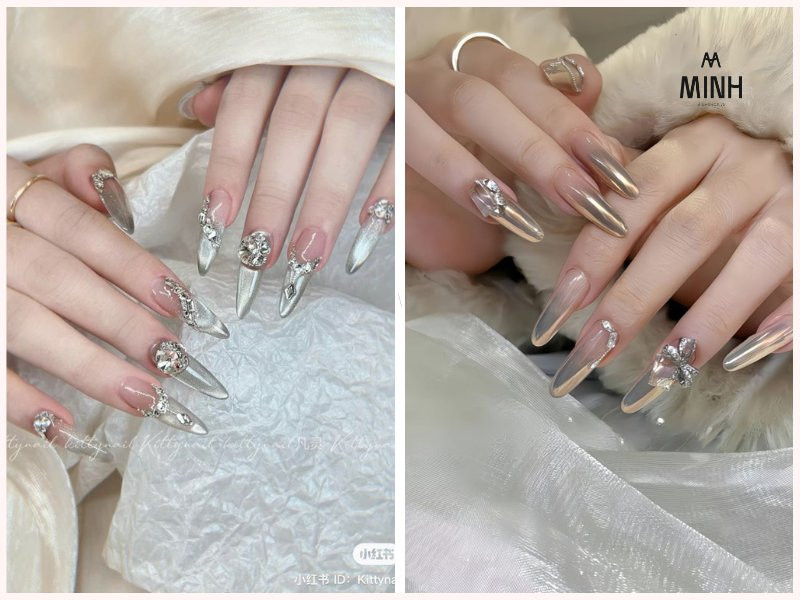 Móng tay đính đá dễ thương màu trắng