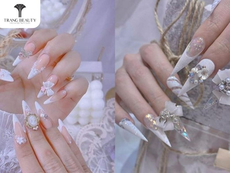 móng tay đính nơ xanh lam cho cô dâu móng nhọn