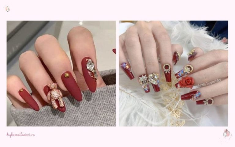 Móng tay đỏ đính đá hoạt hình độc đáo