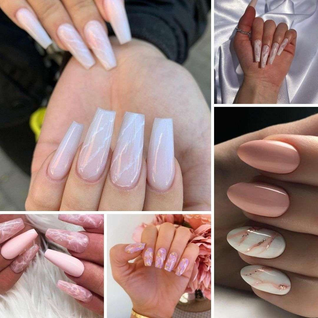 Móng tay độc đáo với hiệu ứng gel loang khảm hồng vân đá, kết hợp nhũ vàng lấp lánh và đường nét tinh tế