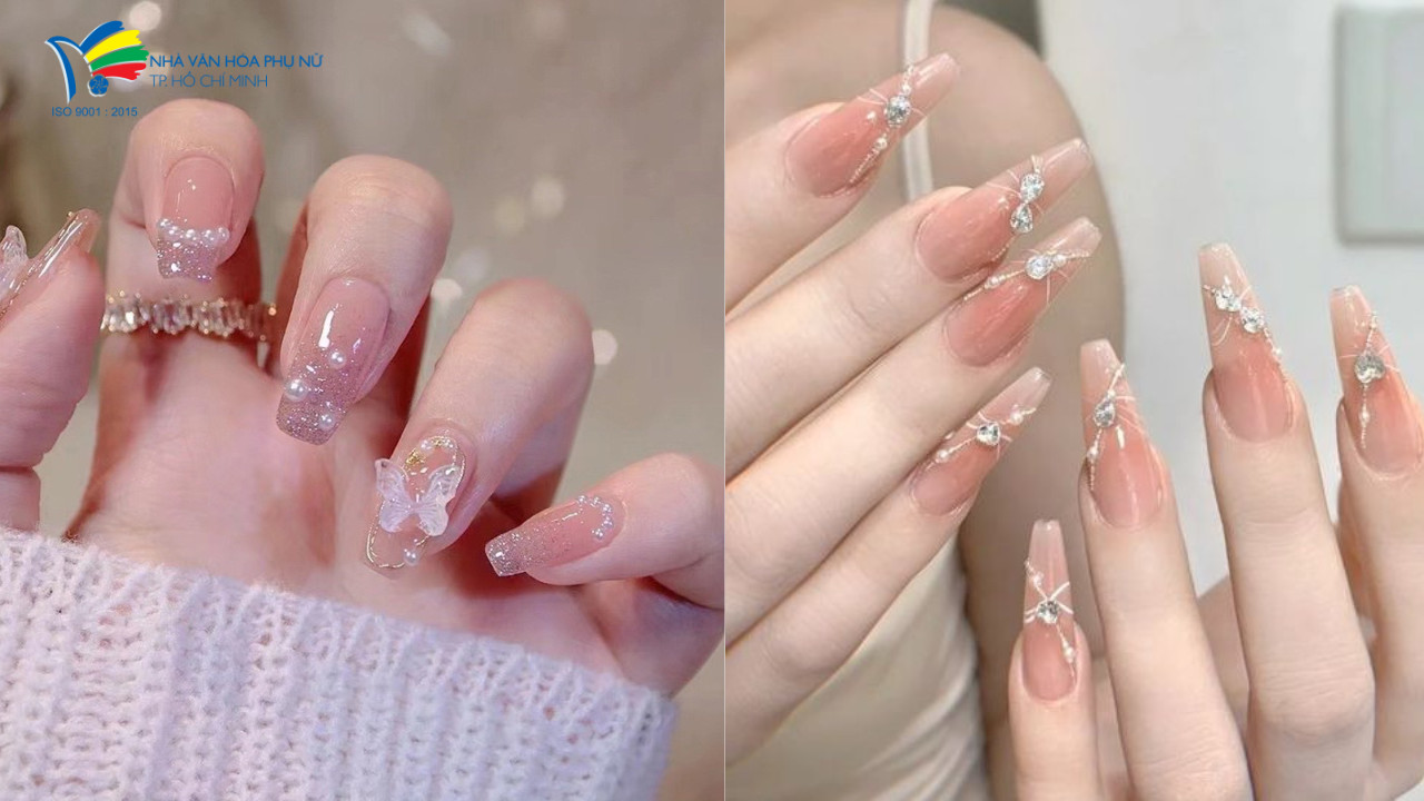 Móng tay giả màu hồng thạch đính đá lấp lánh sang trọng