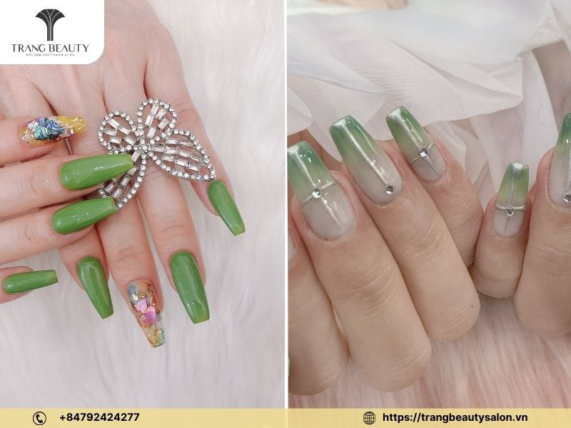 Móng tay hot trend 2024 với sắc xanh ngọc nhã nhặn, đa phong cách