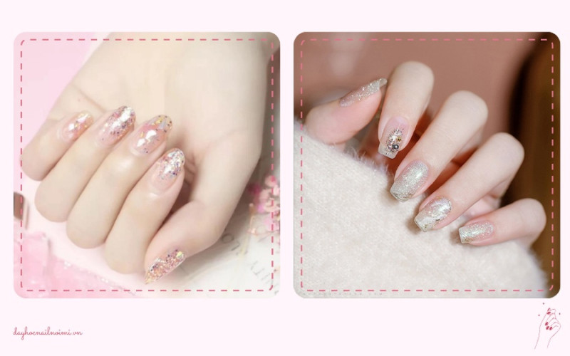 Khám Phá Những Mẫu Móng Tay Sang Trọng, Tinh Tế Năm Nay Móng tay kim tuyến lấp lánh hồng nude