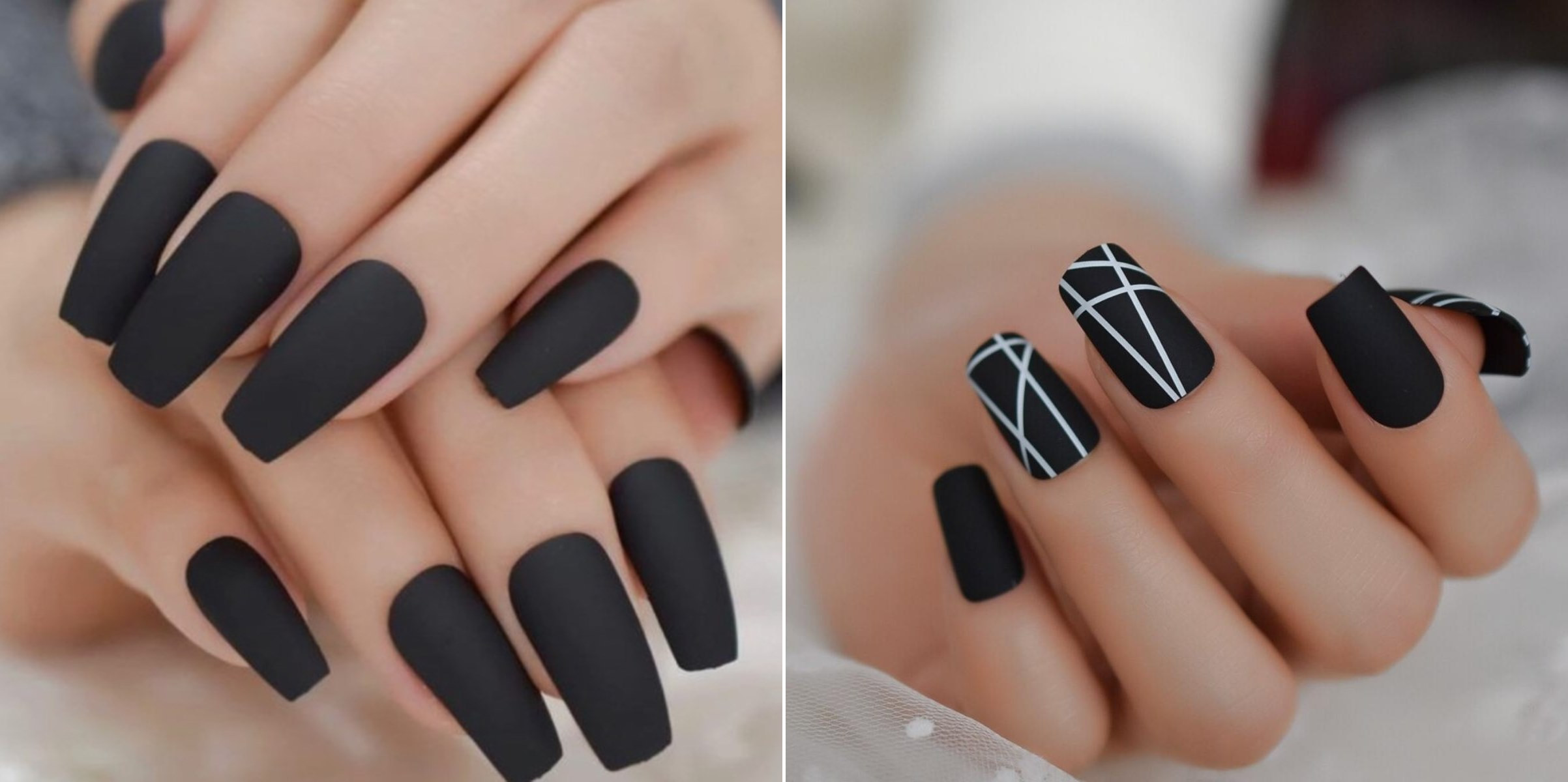 Móng tay màu đen lì và một móng sơn nhũ kim tuyến đen