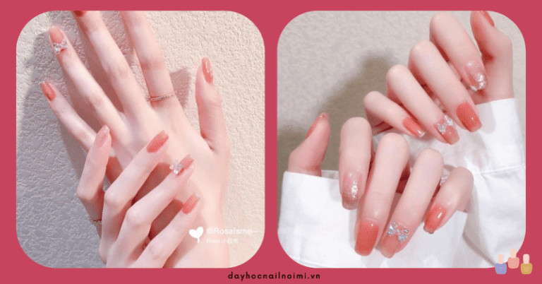 Móng tay màu hồng nude thạch trơn đính đá nhỏ lấp lánh