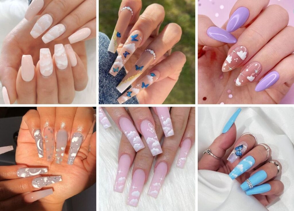 Khám Phá Sức Hút Của Móng Tay Nghệ Thuật Độc Đáo Móng tay nghệ thuật đám mây xanh pastel dịu dàng, phù hợp xu hướng