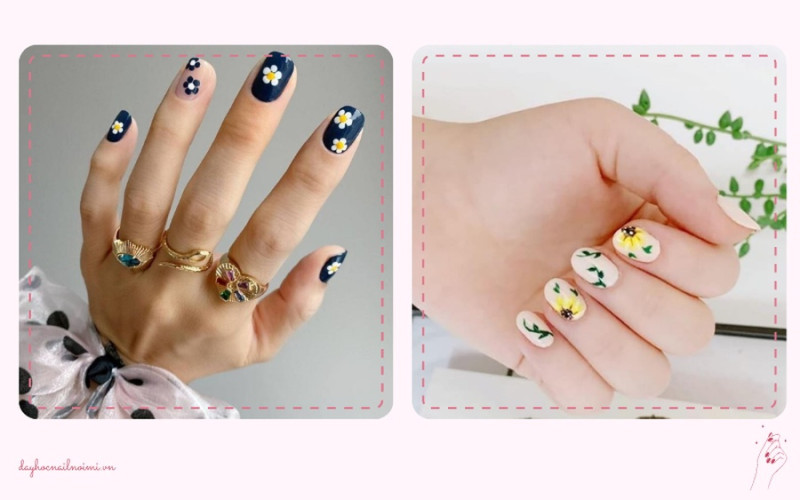 Móng tay nhẹ nhàng họa tiết hoa cúc
