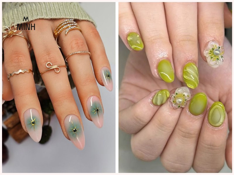 Móng tay thạch màu xanh lá tươi mát, gần gũi thiên nhiên