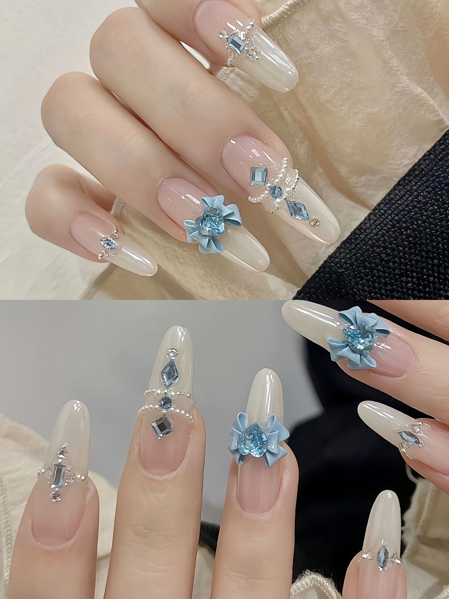 Móng tay tiểu thư đính đá và charm sang trọng trên nền màu hồng nude