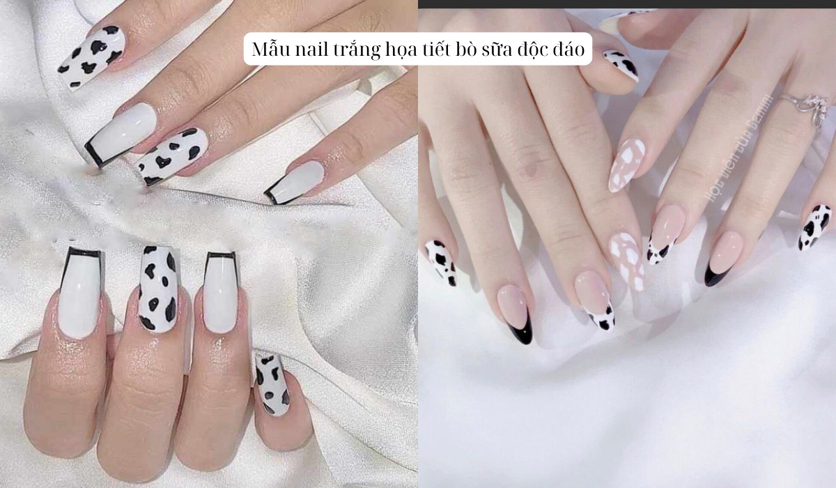 Móng tay trắng đính đá họa tiết bò sữa