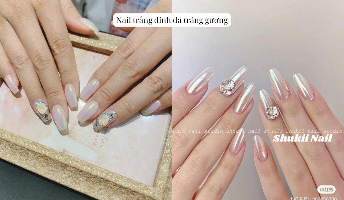 Móng tay trắng đính đá tráng gương lấp lánh