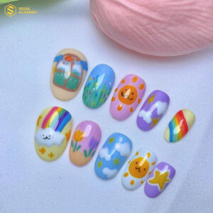 Móng tay trẻ em đẹp với nail cầu vồng họa tiết đáng yêu và bắt mắt