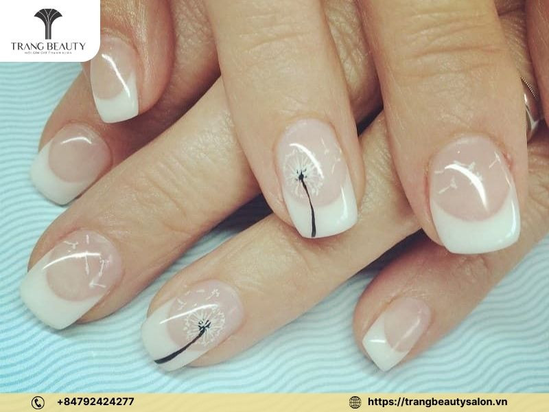 Móng tay vẽ hoa bồ công anh sang chảnh với cánh hoa trắng